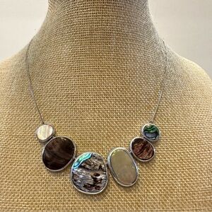 Mix Culture necklace silver tone wire w/ floating shell & stone pendant